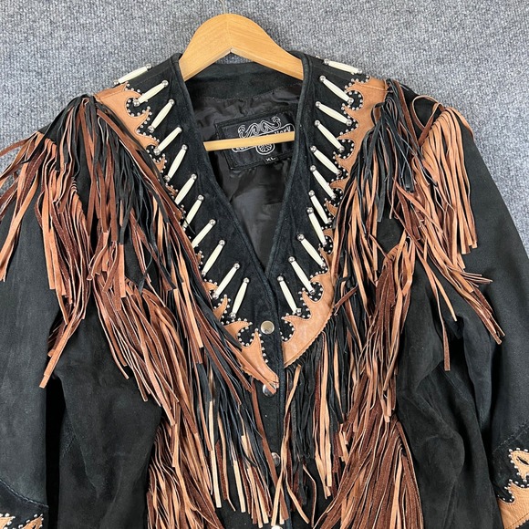 Leather Gallery Jacket Womens XL Black Suede Fringe Western Bone Studded Cowgirl - Picture 4 of 13